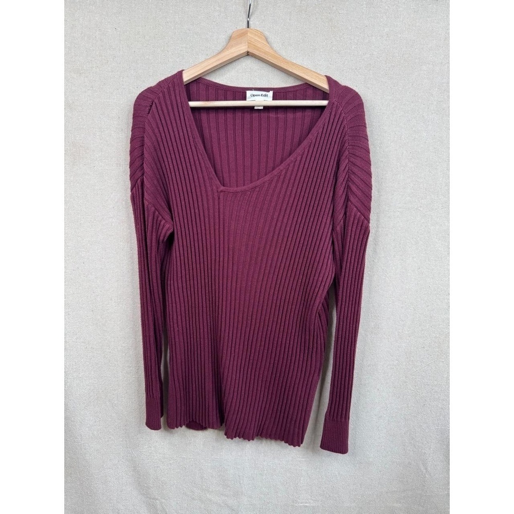 Open Edit Size S Ribbed Knit V-Neck Long Sleeve Top Burgundy Asymmetrical Neck